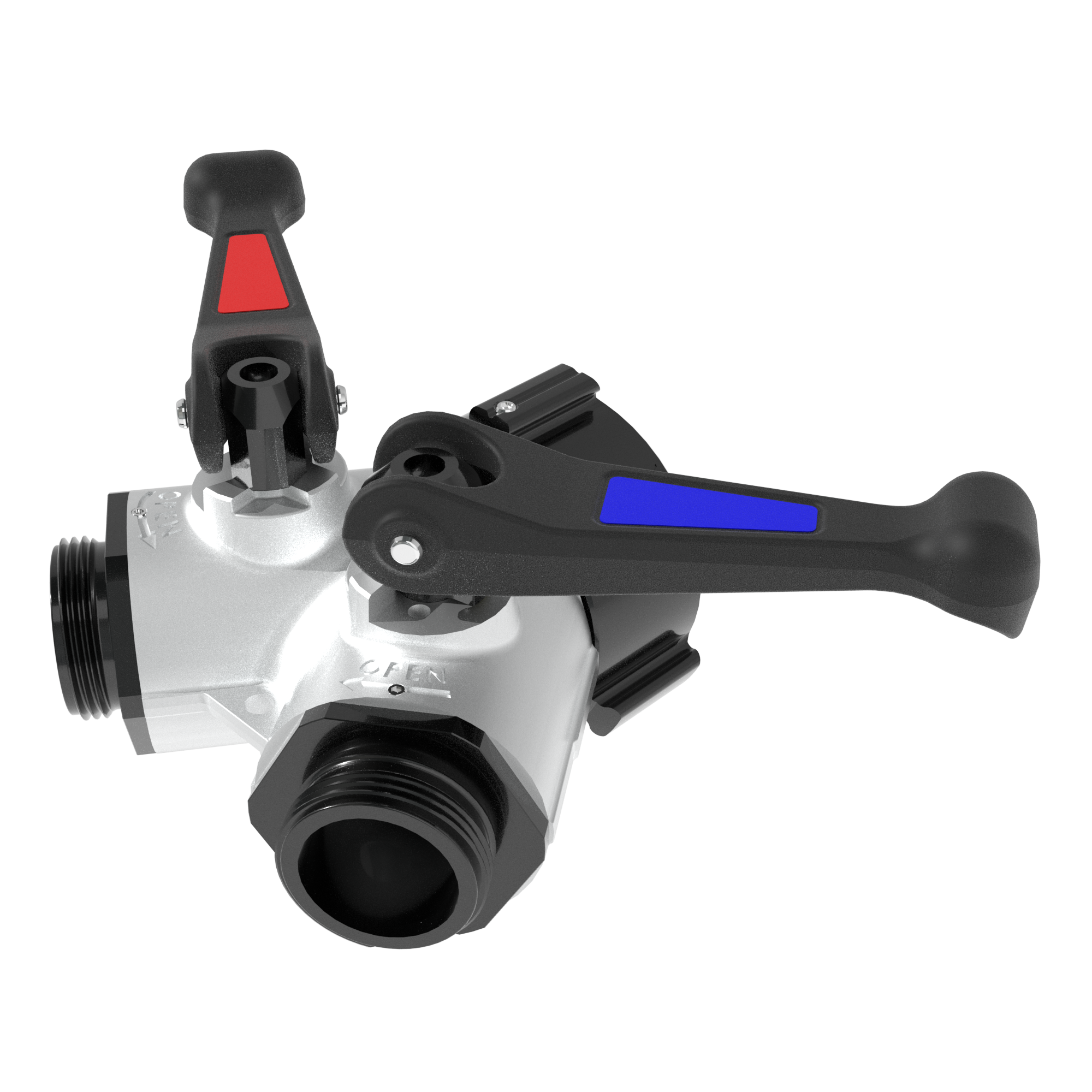 Gated Wye Quarter Turn Valve w/ Long Handles – Single 2.5″ NHF Swivel Rocker Inlet, Double 1.5″ NHM Rigid Outlets, Silver Gated Wye Quarter Turn Valve w/ Long Handles – Single 2.5″ NHF Swivel Rocker Inlet, Double 1.5″ NHM Rigid Outlets, Silver