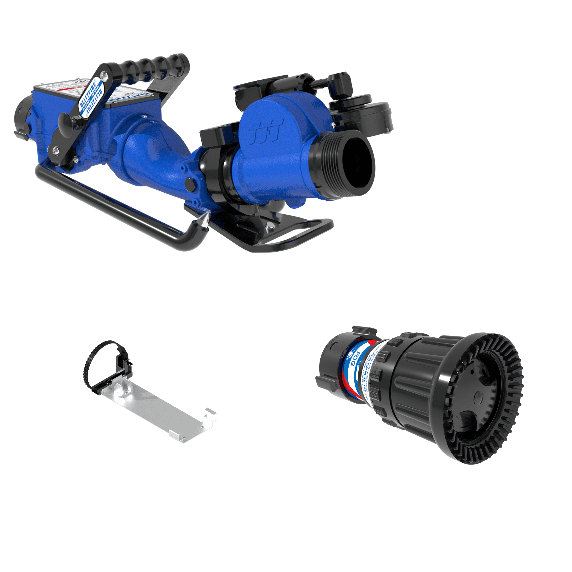 BlitzFire Oscillating Portable Monitor +Max-Force Automatic Nozzle Package – 65 mm BSPF Swivel Rocker Inlet, 65 mm BSPM Rigid Outlet, Storage Bracket BlitzFire Oscillating Portable Monitor +Max-Force Automatic Nozzle Package – 65 mm BSPF Swivel Rocker Inlet, 65 mm BSPM Rigid Outlet, Storage Bracket