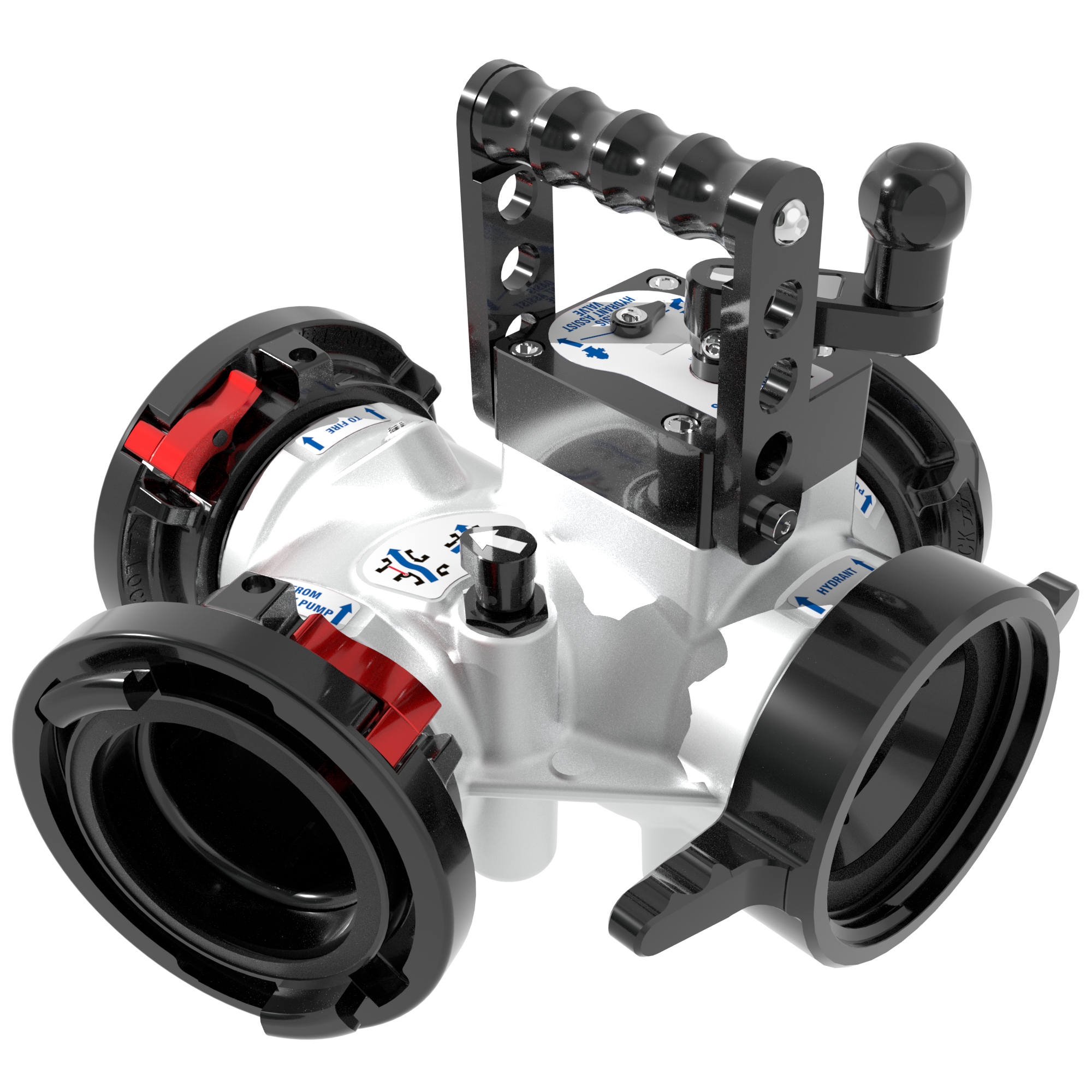 Oasis 4-Way Hydrant Assist Valve – 4.5″ NHF Swivel Handle Inlet, 5″ Storz Swivel Outlets Oasis 4-Way Hydrant Assist Valve – 4.5″ NHF Swivel Handle Inlet, 5″ Storz Swivel Outlets