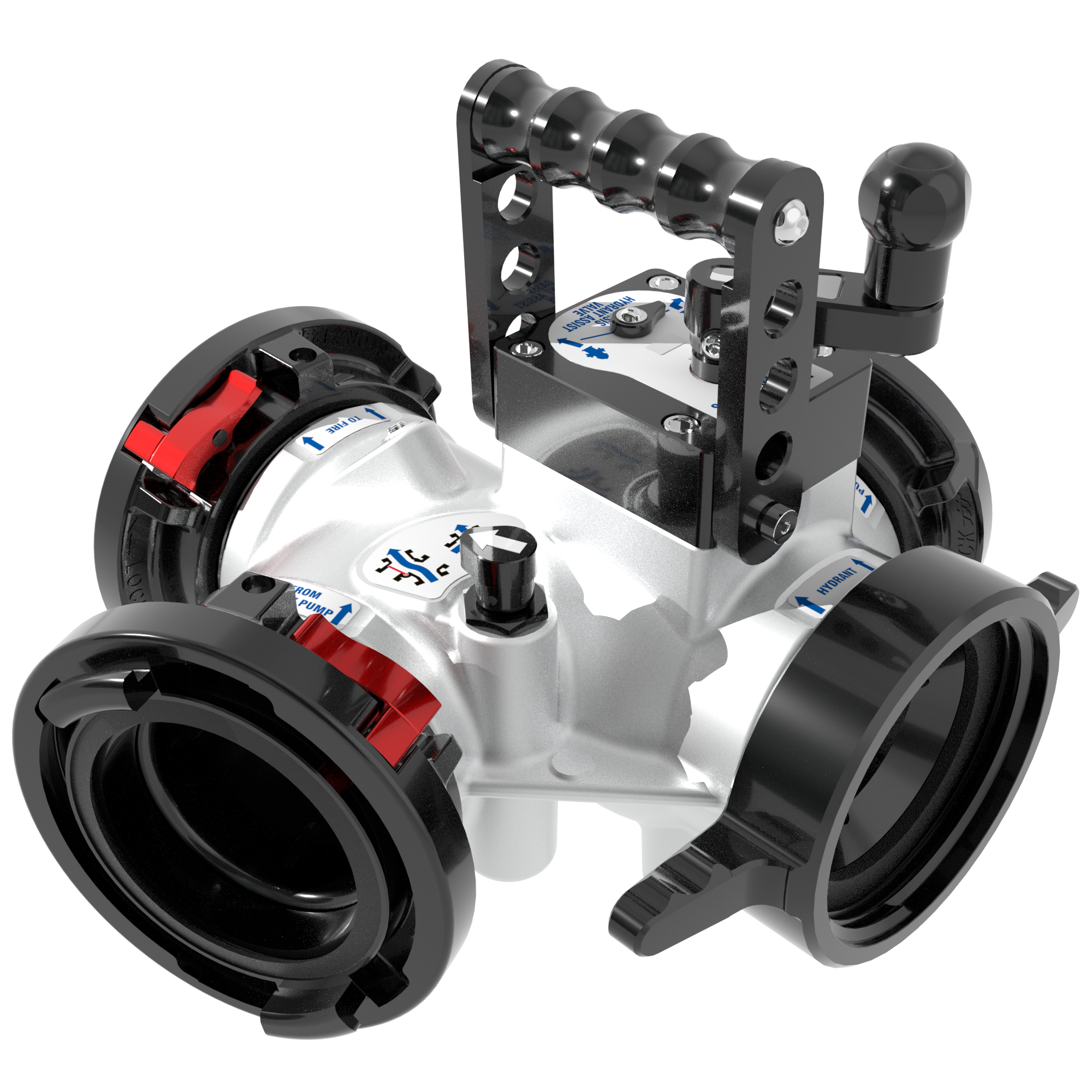 Oasis 4-Way Hydrant Assist Valve – 4.5″ NHF Swivel Handle Inlet, 5″ Storz Swivel Outlets Oasis 4-Way Hydrant Assist Valve – 4.5″ NHF Swivel Handle Inlet, 5″ Storz Swivel Outlets