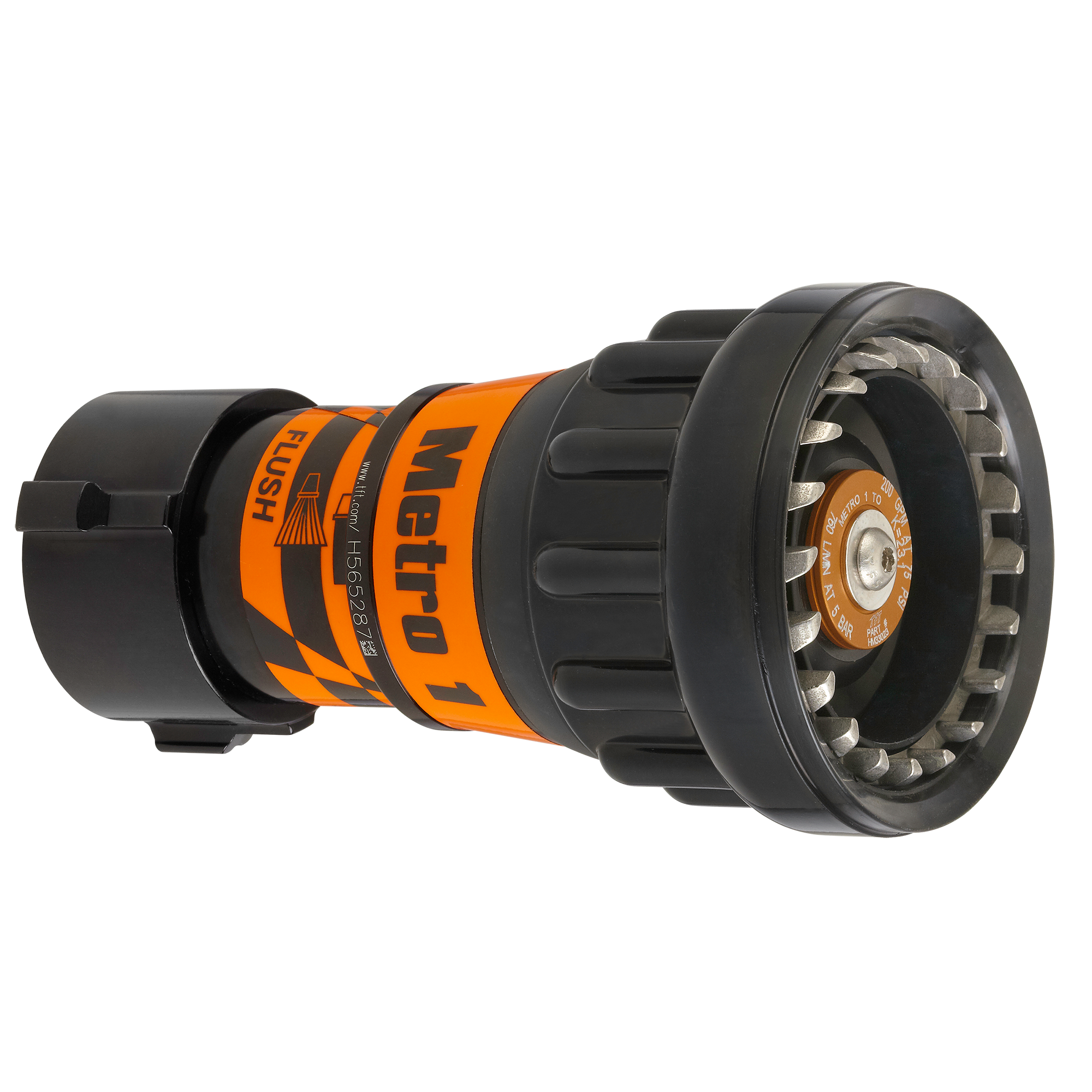 Metro 1 Fixed Flow Nozzle Tip – 185 GPM at 50 PSI, 1.5″ NHF Rigid Inlet, Spinning Metal Teeth Metro 1 Fixed Flow Nozzle Tip – 185 GPM at 50 PSI, 1.5″ NHF Rigid Inlet, Spinning Metal Teeth