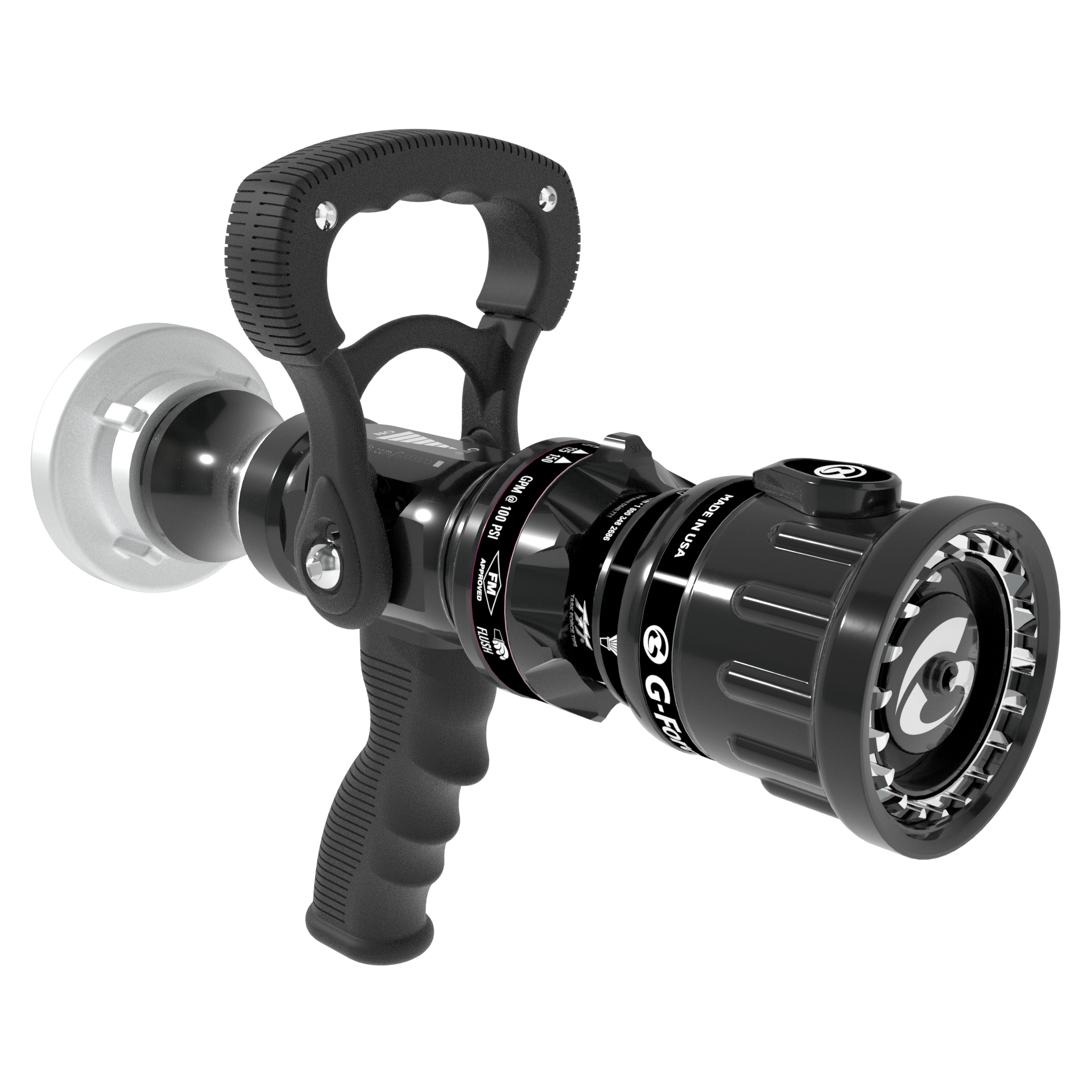 G-Force Selectable One-Piece Nozzle With Pistol Grip, Slide Valve – 110/230/360/470/570 LPM @ 5 Bar, 52 mm Storz Swivel Inlet, Spinning Metal Teeth, Shaper Indicator Detent G-Force Selectable One-Piece Nozzle With Pistol Grip, Slide Valve – 110/230/360/470/570 LPM @ 5 Bar, 52 mm Storz Swivel Inlet, Spinning Metal Teeth, Shaper Indicator Detent