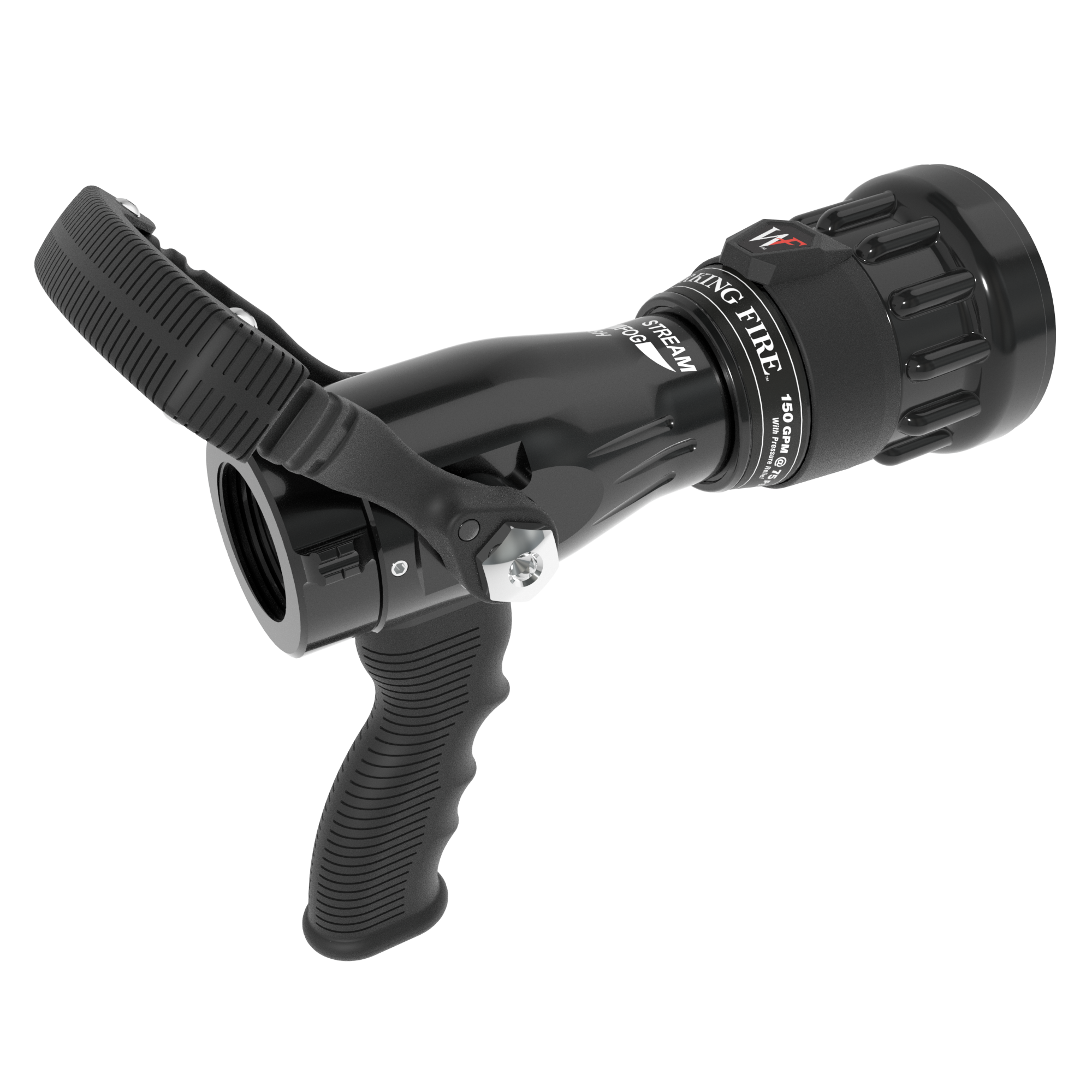 Working Fire Fixed Flow One-Piece Nozzle With Pistol Grip, Ball Valve – 150 GPM @ 75 PSI, 1.5″ NHF Rocker Swivel Inlet, Spinning Metal Teeth Working Fire Fixed Flow One-Piece Nozzle With Pistol Grip, Ball Valve – 150 GPM @ 75 PSI, 1.5″ NHF Rocker Swivel Inlet, Spinning Metal Teeth